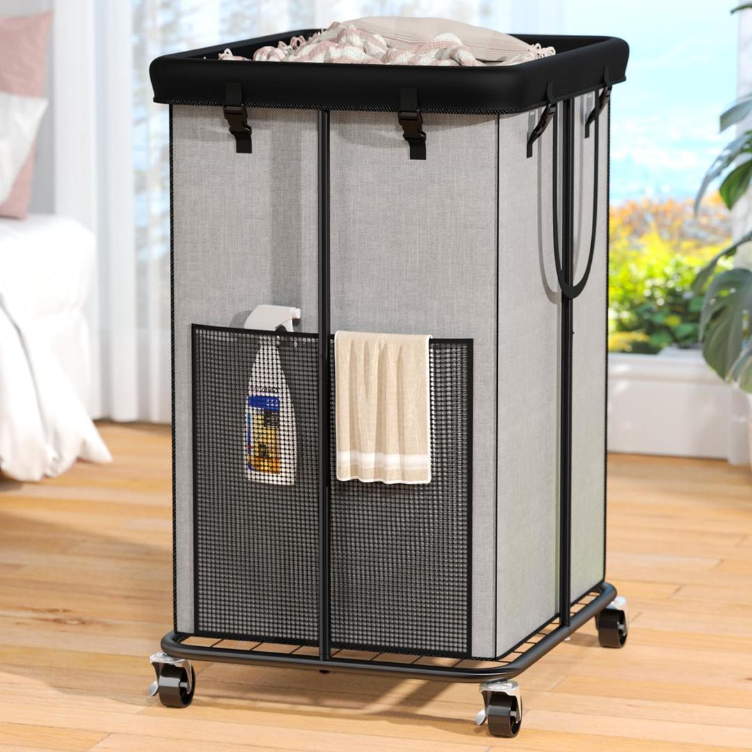150L Laundry Hamper with Wheels, Rolling Laundry Basket with Metal Frame and Removable Bag, Large & Tall Dirty Clothes Hampers for Bedroom Aesthetic, Laundry Room, Bathroom, Dorm-Grey (40GAL)