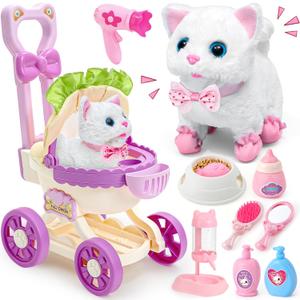 G.C Cat Toys for Kids Girls, Electronic Interactive Stuffed Cat Walk Meow and Wag Tail with Stroller Pet Care Accessories Toys Pretend Play Birthday Gifts for Toddlers Girls 3 4 5 6 7 8 Year Old