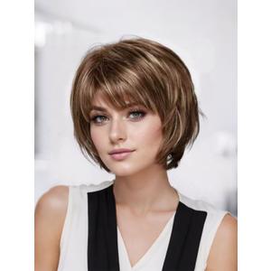 Brown Blonde Highlight Pixie Cut Wig with Bangs Bob Wigs for White Women, Layered Short Haircuts Wigs for Women with Thin Hair/Grey Hair Covery Natural Looking Synthetic Wig Daily Party Use