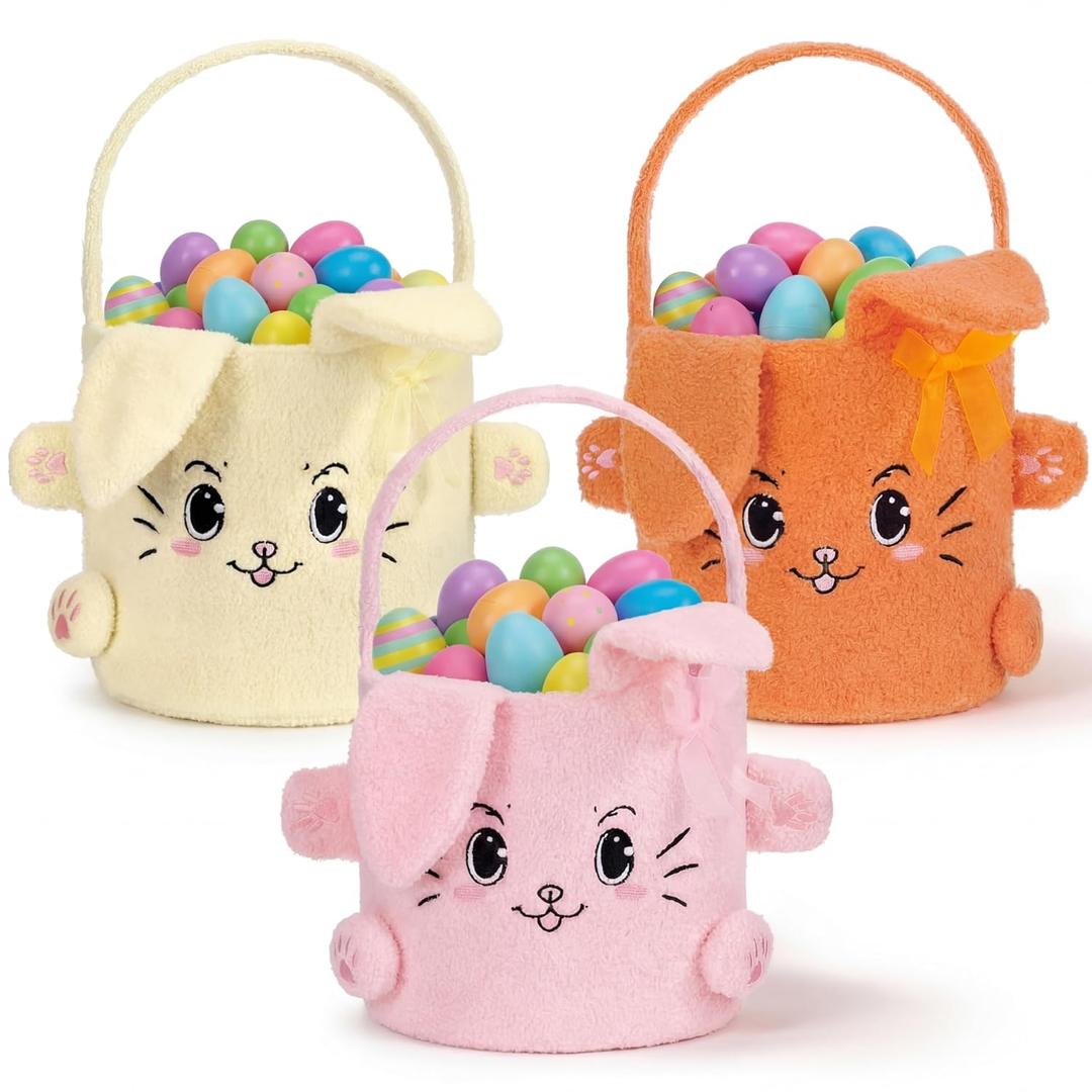 Mimorou 3 Pack Easter Basket Soft Plush Bunny Sherpa Personalized Bucket with Rabbit Ears Decorative Bow Large Bunny Tote Bags Ideal for Egg Hunt, Party Favors(Orange Pink and Yellow)