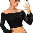 WDIRARA Women's Off Shoulder Buckle Mesh Insert Top Flare Long Sleeve Crop Blouse (Black, S)
