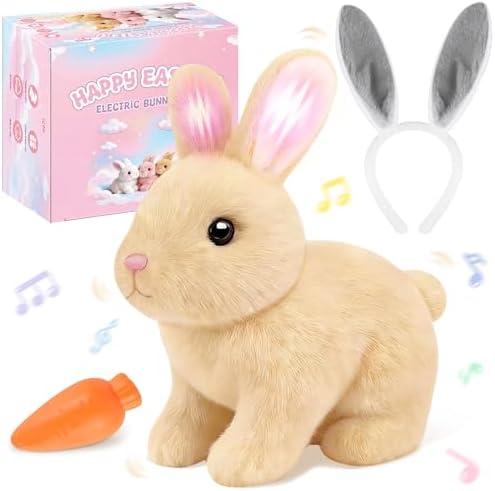 LAITYUM Realistic Bunny for Kids - Interactive Hopping Bunny Toy Set with Headband, Electric Lifelike Robot Rabbit that Move, Walking Barking and Wagging Tail Bunby Stuffed Animal with Sounds,Brown