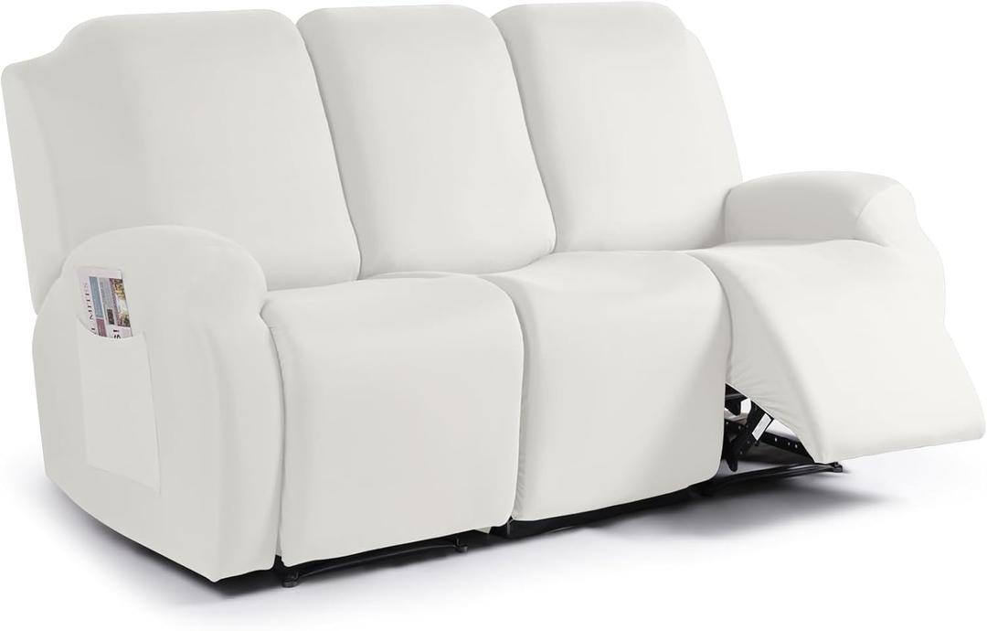 TAOCOCO Recliner Couch Covers 3 Pieces, Stretch Sofa Covers for 3 Seat Reclining Couch, Polyester Fabric Recliner Covers Soft Washable Furniture Protector with Pockets (3 Seat, Milk White)