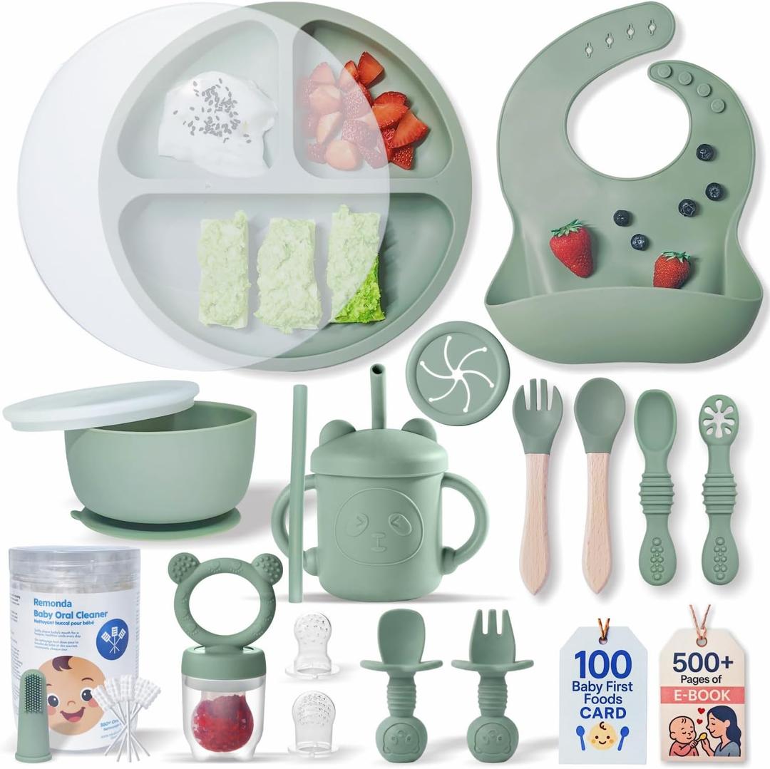 Remonda 23-Piece BPA-Free Silicone Baby Feeding Set | Extra Large Suction Plates, Toddler Bowls, Self Feeding Spoons, and More | Dishwasher Safe| Baby Led Weaning Supplies (Green01)