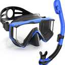 Greatever Snorkel Set Pano 3 Window Snorkel Mask Adult, Panoramic Wide View, Anti-Fog Scuba Diving Mask, Anti-Leak Snorkel Goggles Dry Top Snorkel, Professional Snorkeling Gear for Adults (Black Blue)