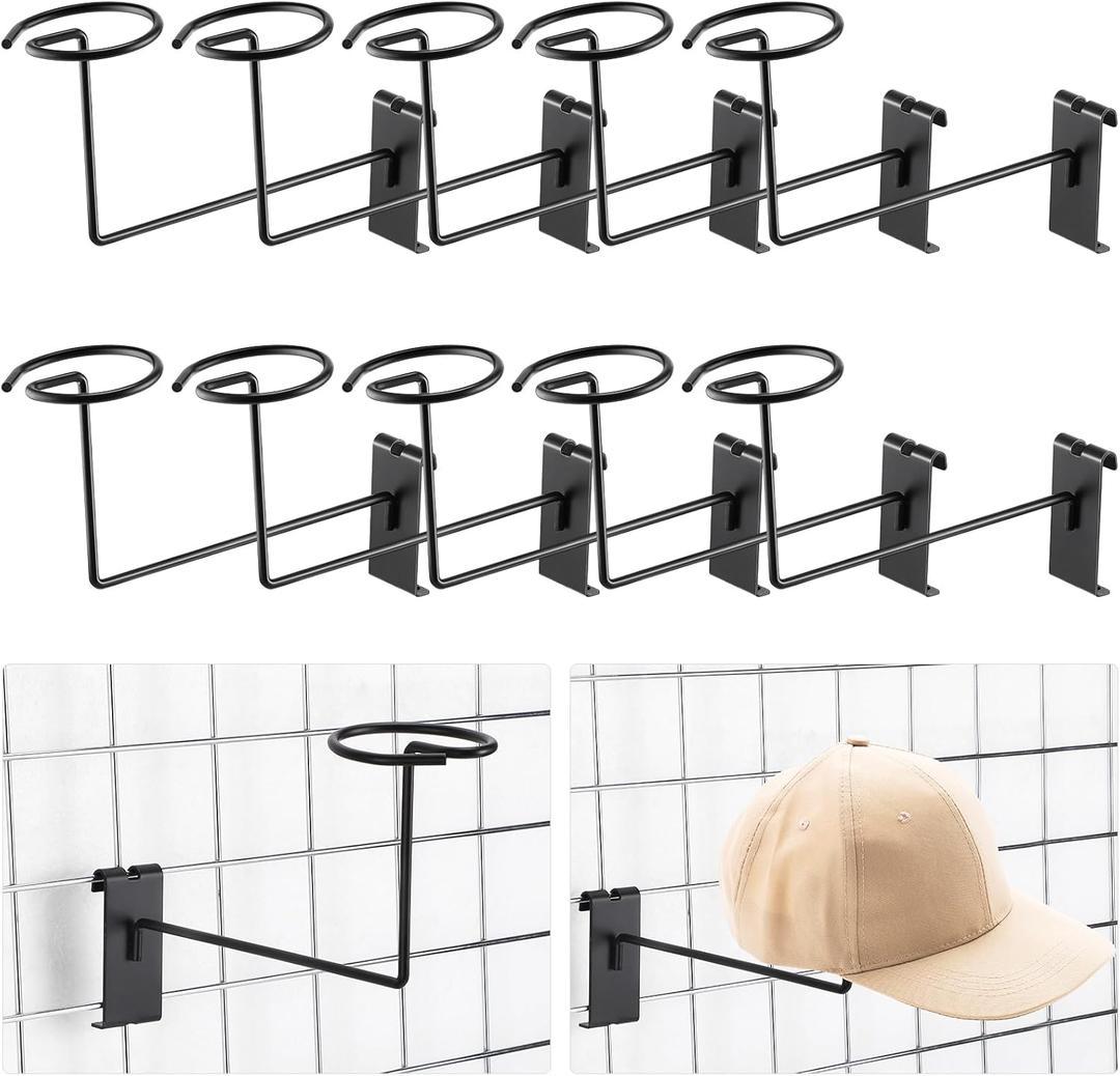 Blulu 12 Pcs Hat Displayer for Gridwall, Metal Hat Helmet Rack Retail Store Display Shelves Organizer Cap Rack Wall Fixtures Gridwall Hooks Accessories for Craft Show Garage (Black)