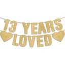 Pre-Strung 13 YEARS LOVED Gold Glitter Banner, Happy 13th Birthday Decorations for Girls, 13 Year Old Party Anniversary Decor Sign for Boys Pack of 3