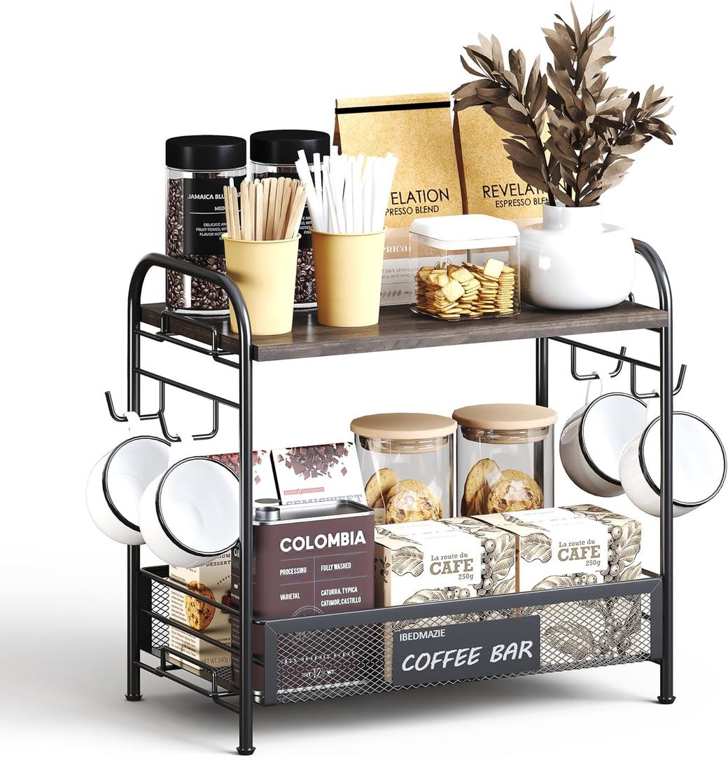 Coffee Bar Organizer for Countertop Station, Simple Assembly 2 Tier Shelf for Home,Office, Coffee Cup Holder Storage Organization for Counter Accessory Storage Rack with 4 Hooks Space-Saving (Black)