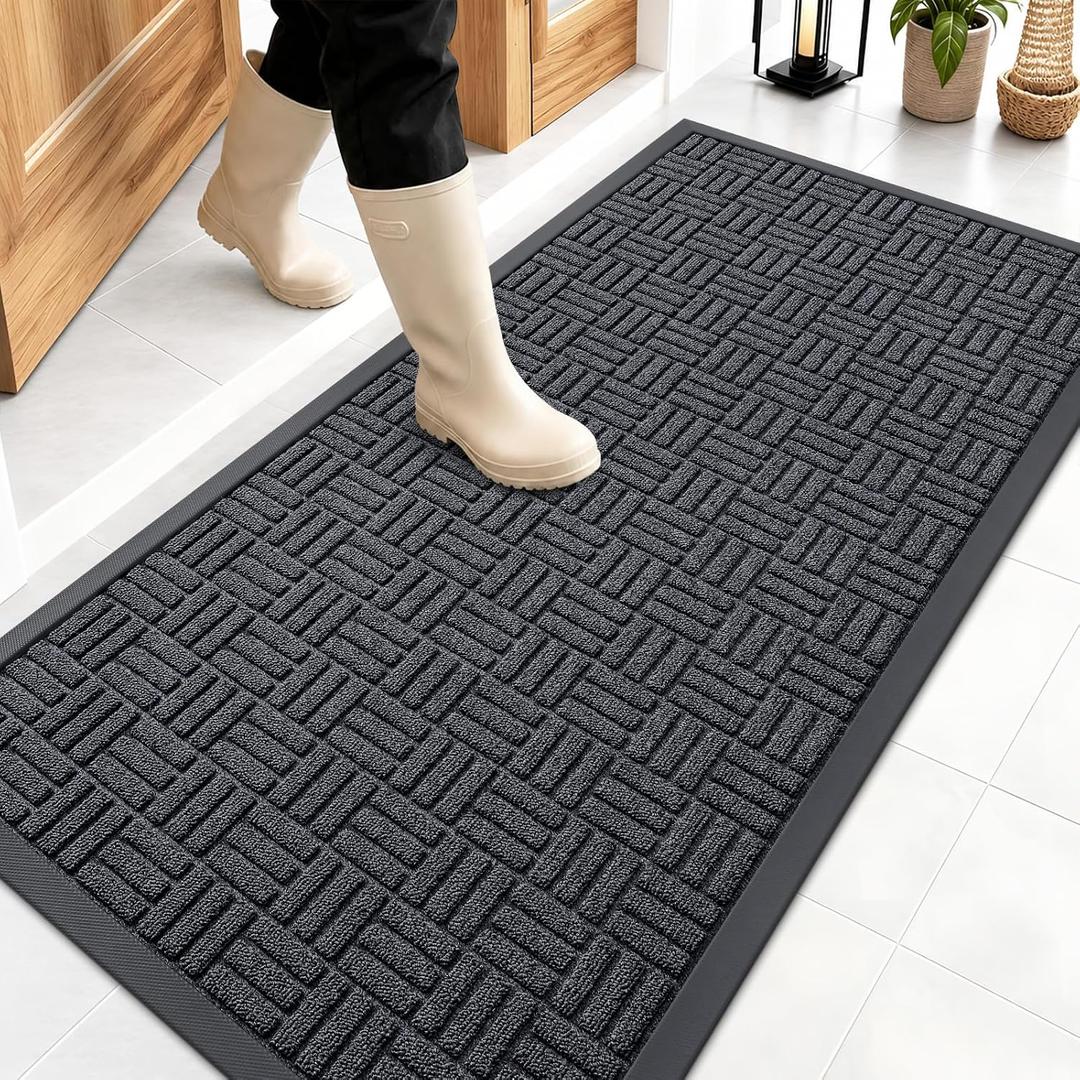 OLANLY Front Door Mat Outside Entrance 47x23, Absorbent, Heavy Duty Sturdy Natural Rubber Doormat Indoor Outdoor, Stain and Fade Resistant, Non-Slip Backing Low Profile Floor Mat for Entryway, Gray 