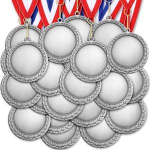 Sasylvia Blank Award Medals with Neck Ribbons Create Your Own Medals Kit Cheer Medal Winner Medal Participation Trophy Metal Gifts for Adults Party (Antique Silver)