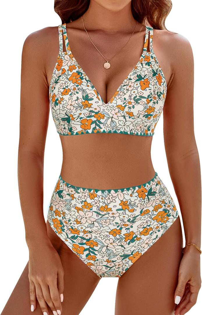 BMJL Women's Bikini Sets V Neck High Waisted Swimsuits Shell Stitched Cheeky Two Piece Bathing Suit (Green Floral, Large)