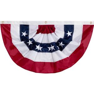 58"x27" USA Patriotic Nylon Bunting Pleated Flag, 2 Sided, Embroidered Stars, Sewn Stripes, Grommets- July 4th American Flag Decor Outdoor Use- Americana Inside Outside Porch Rail or Window Decoration