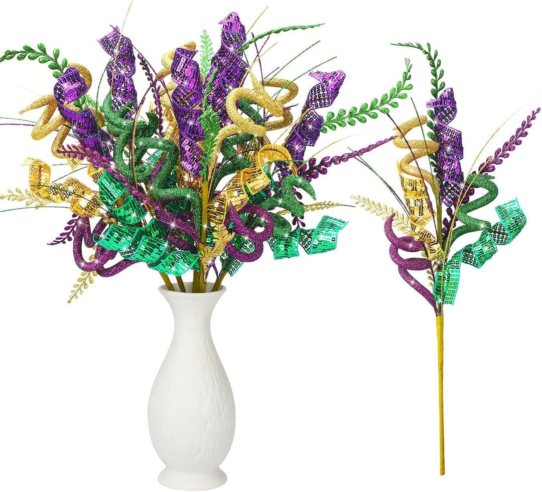 Zeyune 6 Pcs Mardi Gras Decoration Picks Table Centerpiece 17.7 Inch Purple Green Gold Mardi Gras Floral Picks and Sprays Artificial Twig Branch Decor for Tree Topper Arrangement Wreath Party Ornament