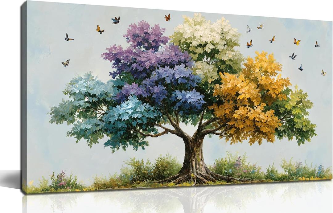 Kepgonegu Large Tree of Life Wall Art for Living Room Landscape Canvas Prints Colorful Butterfly Art for Bedroom Home Office Size 20x40 (20L" x 40W", green)