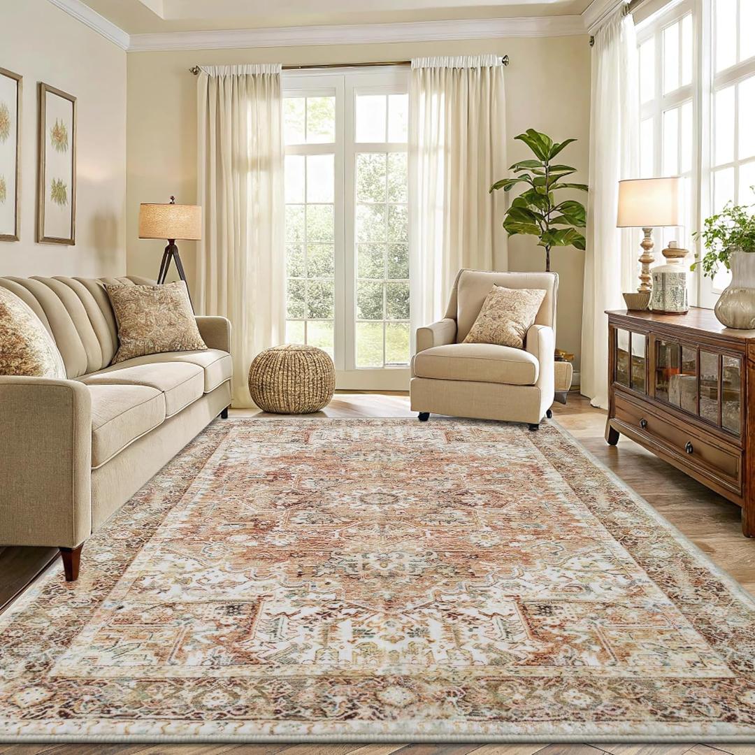 Smiry Area Rugs for Living Room Bedroom, Machine Washable 8x10 Vintage Rug, Soft Plush Bedside Floor Carpet for Farmhouse Nursery Kitchen Laundry Home Decor, Gold