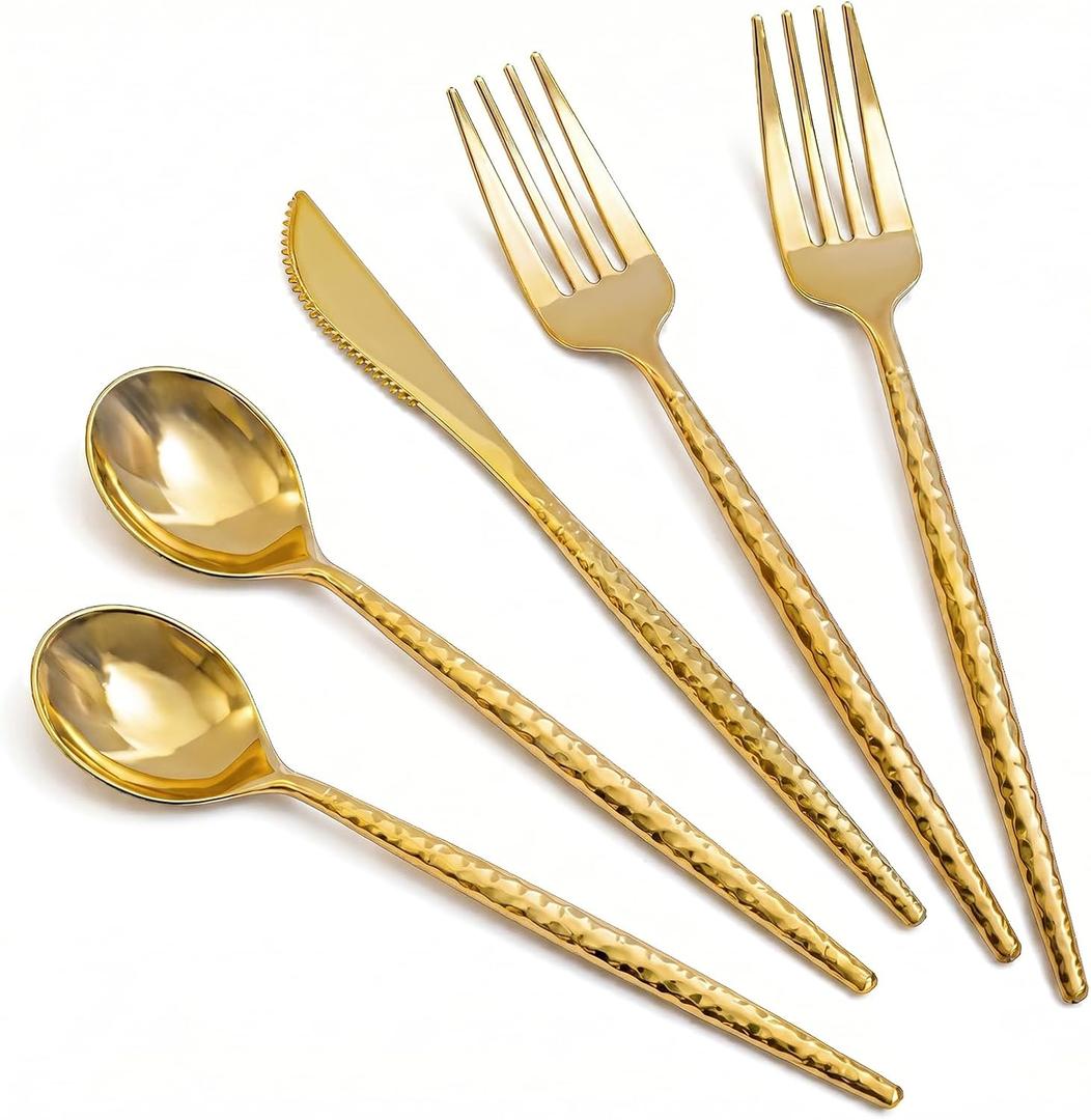 MirthMood 60 PCS Gold Plastic Silverware, Gold Disposable Utensils Include 20 Plastic Knives,20 Forks, and 20 Spoons, Premium Heavy Duty Disposable Silverware for Weddings,Parties, and Events.