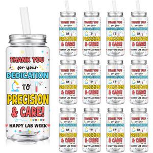Vesici 12 Pcs Lab Week 2026 Appreciation Gift 14.2oz Thank You Tumbler with Lid and Straw Plastic Tumbler Bulk Inspirational Gifts Cold Drinking Cup for Science Birthday Laboratory Coworker Stuff