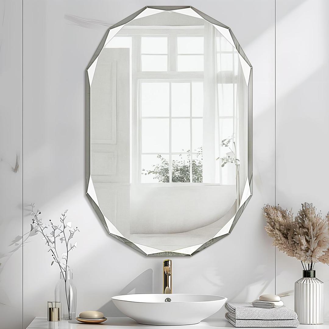 Bathroom Mirror for Wall, 24" x 36" Oval Bathroom Vanity Mirror, Beveled Edge Frameless Wall Mount Vanity Mirror, Wall Mirror Decorative, Irregular Beveled Edge (Nature)