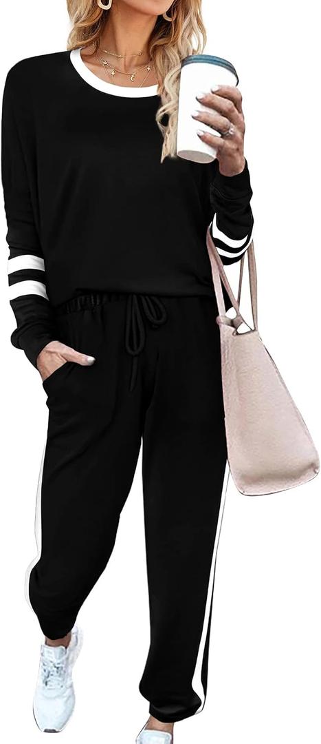 Aloodor Sweatsuit for Women 2 Piece Outfits for Womens Crewneck Sweatshirts Pullover (Black, XXL)