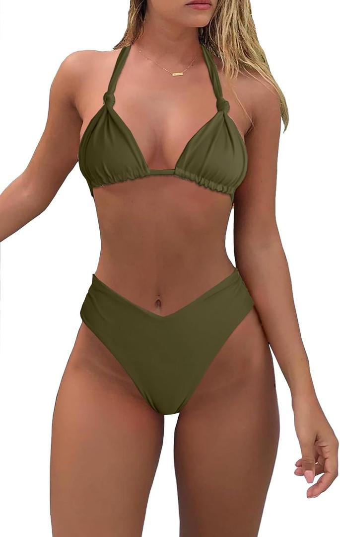 Bikini Sets for Women Sexy Halter Triangle String Bikini Cheeky V Cut High Waisted Thong Swimsuits 2 Piece (Medium, Army Green)