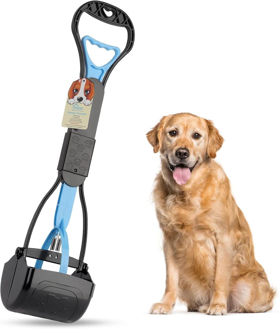 PPOGOO Non-Breakable Pooper Scooper for Large Medium Small Dogs with 24.3inch Long Handle High Strength Material Durable Spring, Easy Grass and Gravel Pick Up (blue)