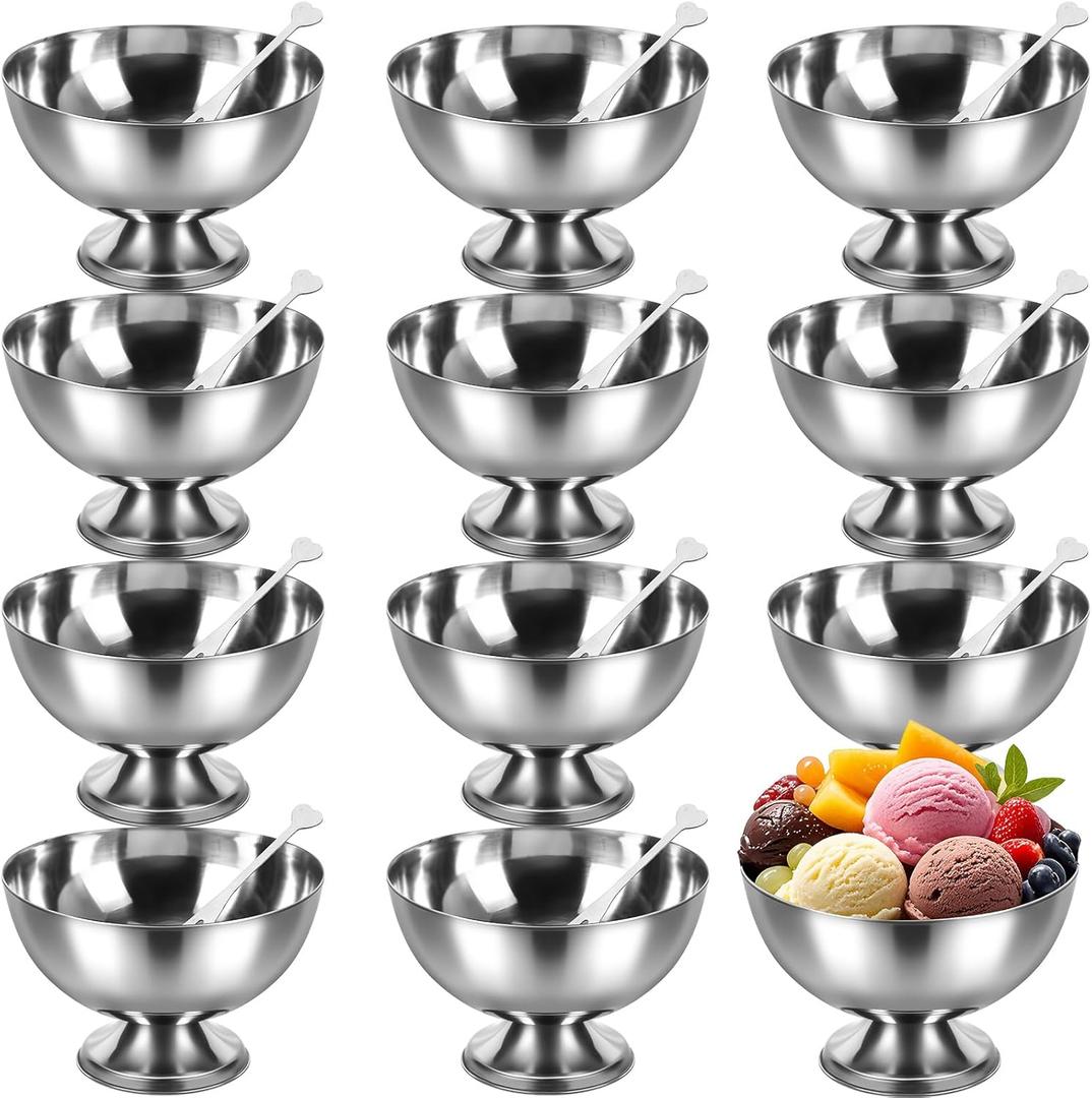 Honeydak 12 Set Stainless Steel Ice Cream Bowl with Forks Serving Dessert Cup Sauce Bowls Dish Metal Dessert Glasses Salad Holder Round Footed Yogurt Snack Candy Cups for Fruit Pudding(4.2 Inch)
