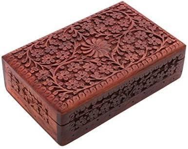 Ajuny Handcrafted Wooden Jewelry Box for Men & Women - Floral Decorative Keepsake Treasure Chest, Multipurpose Storage Box, Ideal Gift 8x5 Inch