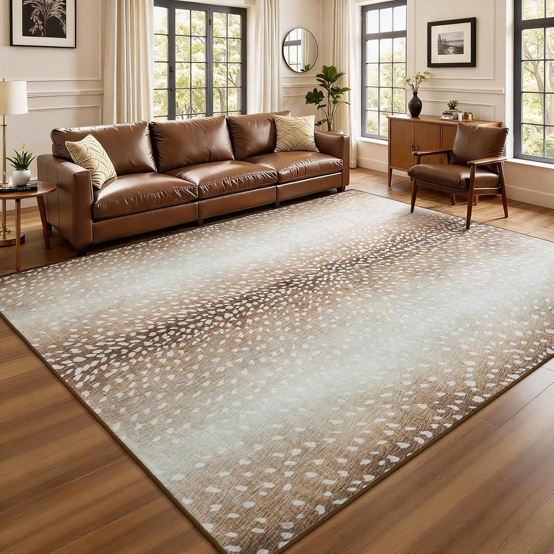 Soft Antelope Rug 5x7 Ft, Animal Print Rugs for Living Room Bedroom, Non-Slip TPR Backing for Hardwood Floors, Machine Washable & Easy to Clean, Pet Friendly Carpet for Kids, Brown, White