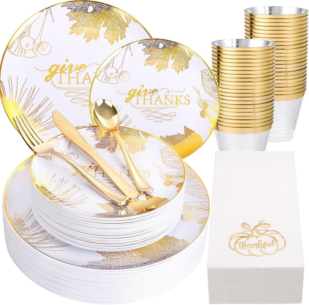 Nervure 175PCS Thanksgiving Plastic Plates - Disposable Fall Dinnerware Set - White and Gold Plates with Maple Leaves Include 50Plates, 75Silverware, 25Cups, 25Napkins for Thanksgiving Party