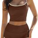 QINSEN Retro Bikini Set for Women Scoop Neck Bikini Top Tummy Control Boyshort Bottom Bathing Suit Brown M