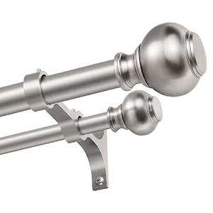 1 Inch Double Curtain Rods 36 to 72 Inches, Adjustable Telescoping Window Drapery Rod, Dual Heavy Duty Curtain Rods with Iron-Finials for Sliding Glass Door, Patio, Bedroom, Kitchen, Brushed Nickel