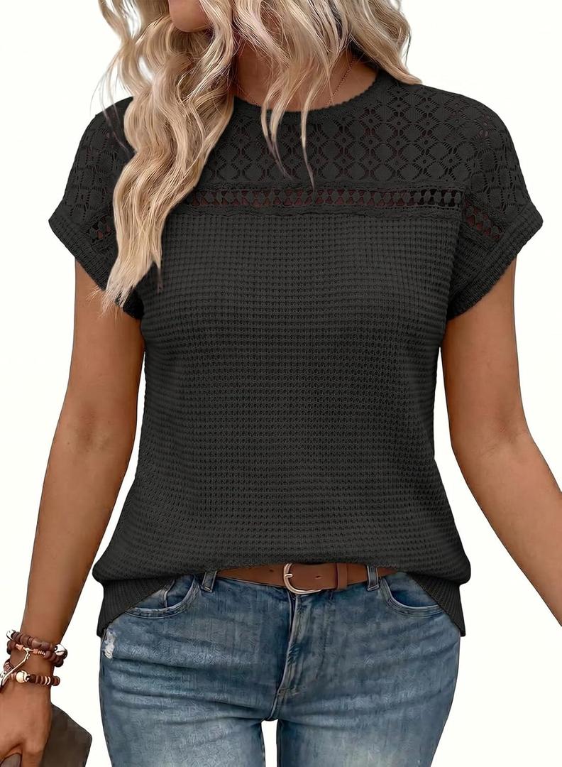 Dokotoo Women's Tops Casual Scoop Neck Short Sleeve Waffle Knit Hollow Out Shirts Loose Tunic Tops Blouses (XX-Large, Black)