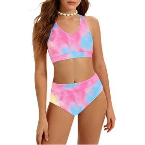 Girls Swimsuit Color-Block High Waist Sporty Sets Girls Two Piece Bathing Suit with Chest Pad Swimwear, size: 15-16y