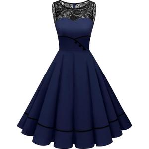 Bbonlinedress Women's 50s Vintage Floral Lace Retro Rockabilly Sleeveless Round Neck Cocktail Party Swing Dress (Large, Navy)