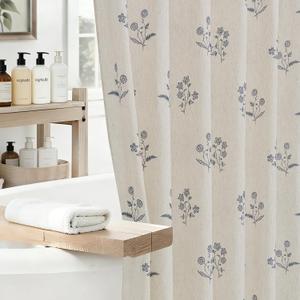 ORTIGIA Blue Floral Linen Shower Curtain 72 W x 84 L Farmhouse Vintage Long Shower Curtains Boho Rustic Block Print Cottagecore Decor for Bathroom