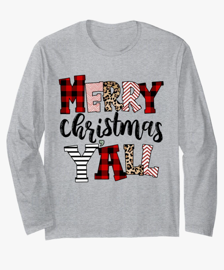 Merry Christmas Y'all Leopard Red Plaid For Men Women Kids Long Sleeve T-Shirt, Size 2XL