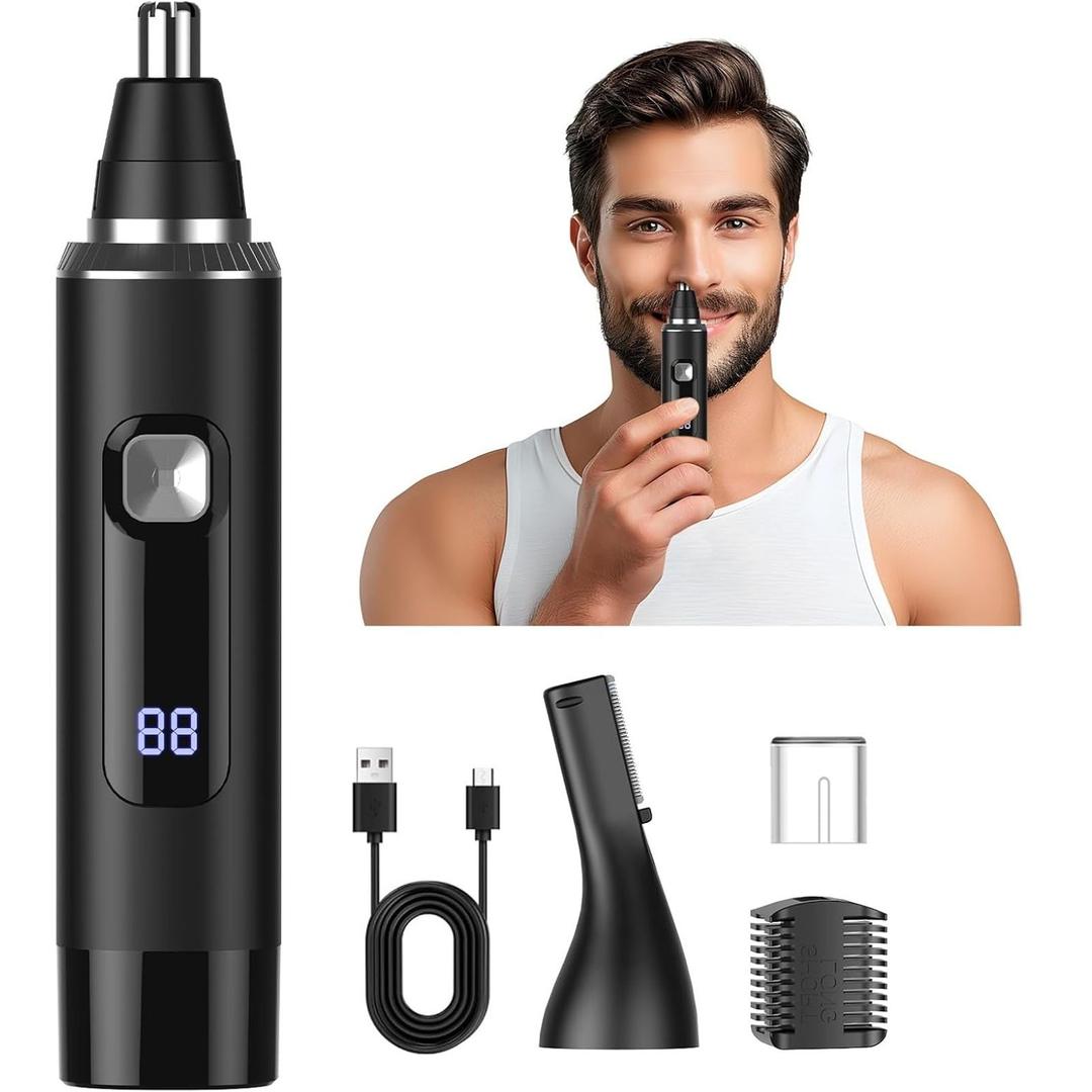 LED Display Ear and Nose Hair Trimmer Clipper for Men Women, 2025 Rechargeable 2 in 1 Professional Painless Eyebrow & Facial Hair Trimmer with Powerful Motor and Dual-Edge Blades Easy Cleansing (Black)