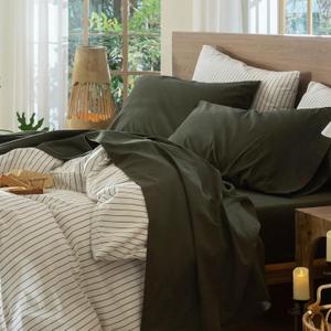 MooMee Bedding Sheet Set 100% Washed Cotton Linen Like Textured Breathable Durable Soft Comfy (Solid Olive Green, Queen)