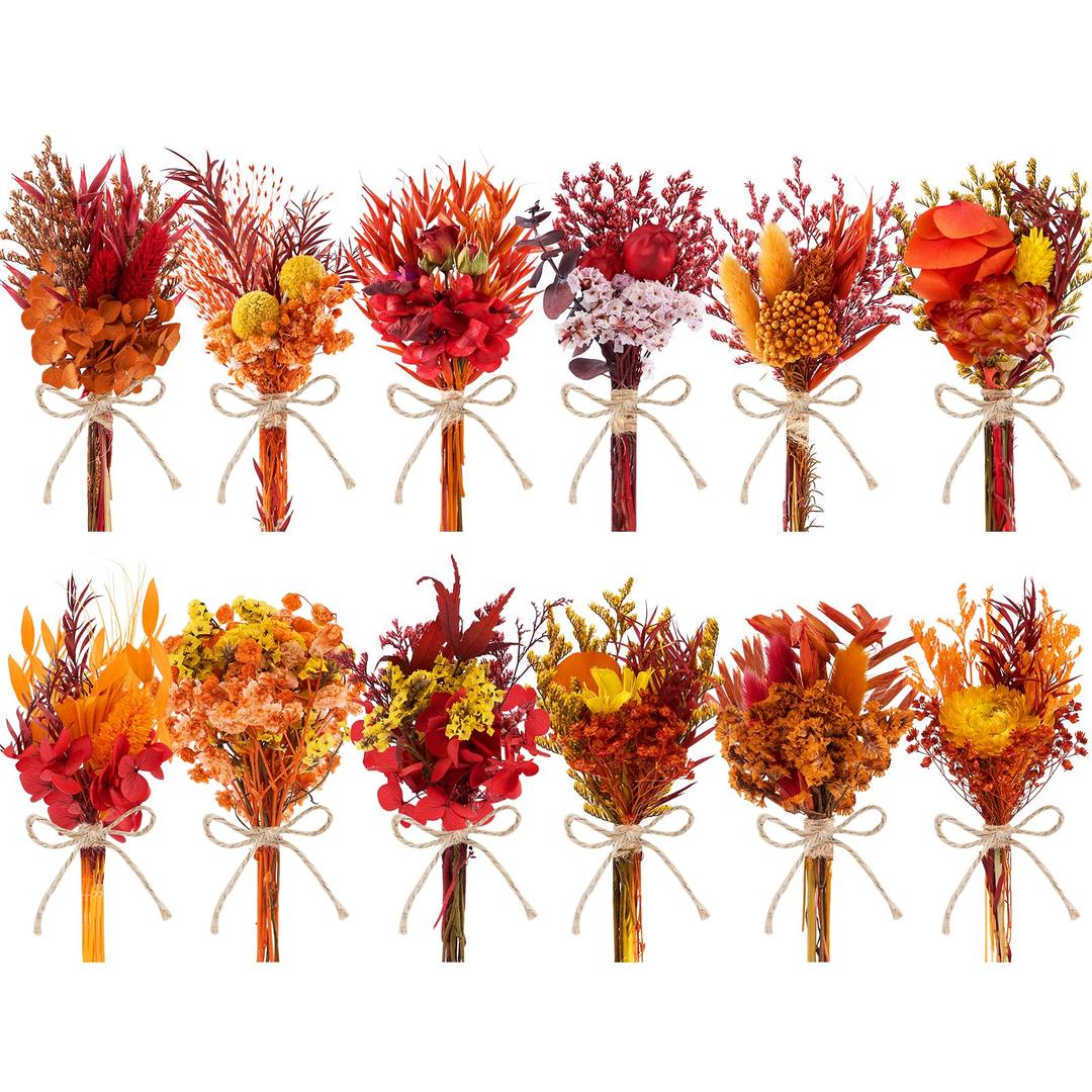 12PCS Fall Dried Flowers Bouquet for Vase Various Dried Wildflowers with Stems Mini Handmade Wildflowers Natural Real Flowers Bulk Flowers for Crafts DIY Wedding Decor (Fall,Burnt Orange)
