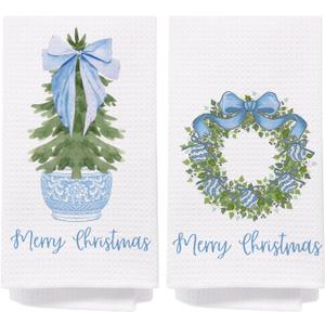Chinoiserie Christmas Kitchen Towels,Light Blue Bow Coquette Christmas Tree Dish Towels for Kitchen Bathroom, Blue Christmas Hand Towels for Kitchen, Grandmillennial Decor,16x24 Inches Set of 2