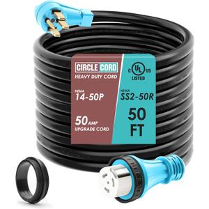 CircleCord UL Listed 50 Amp 50 Feet RV/Generator Cord with Locking Connector, Heavy Duty 6/3+8/1 Gauge STW Wire, 14-50P Male and SS2-50R Twist Locking Female for RV Camper and Generator to House