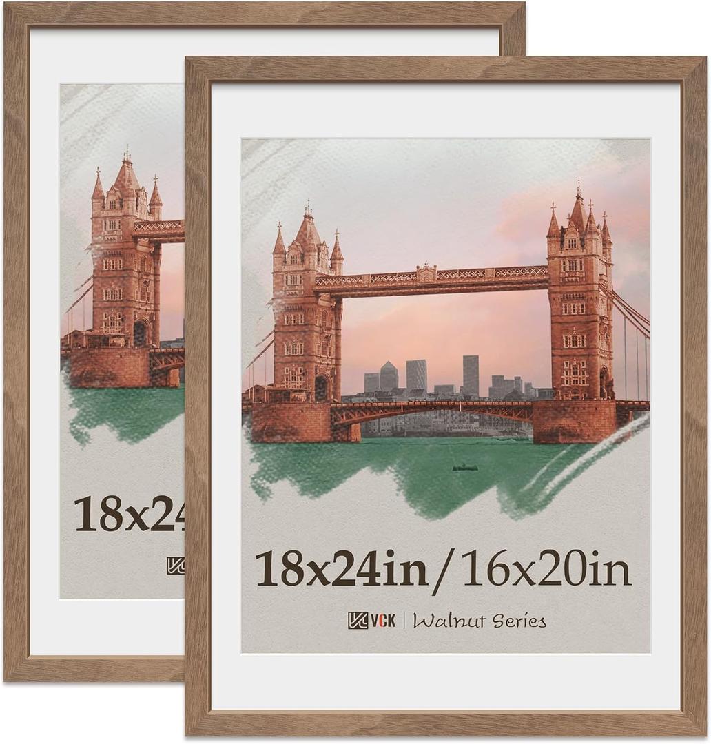 VCK 18x24 Poster Frame 2 Pack, Natural Wood Grain Brown Walnut, Display 16x20 Picture with Mat or 18x24 without Mat, Wall Hanging