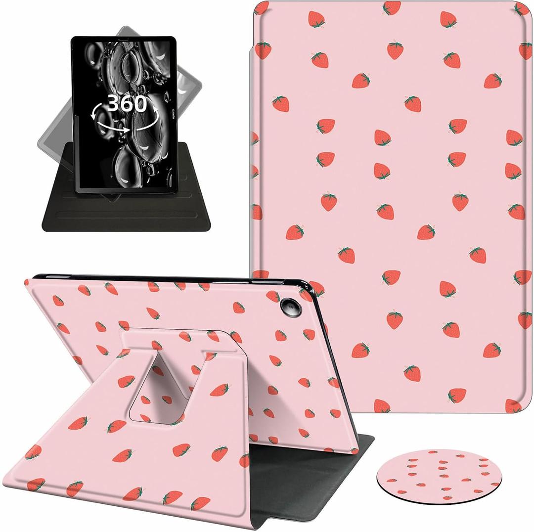ACWDMKH Case for Kindle Fire 7 Tablet Case 7 Inch (9th/ 7th/ 5th Generation, 2019/ 2017/ 2015 Release), 360 Degree Rotating Swivel PU Leather Stand Folio Cover with Auto Wake/ Sleep, Pink Strawberry