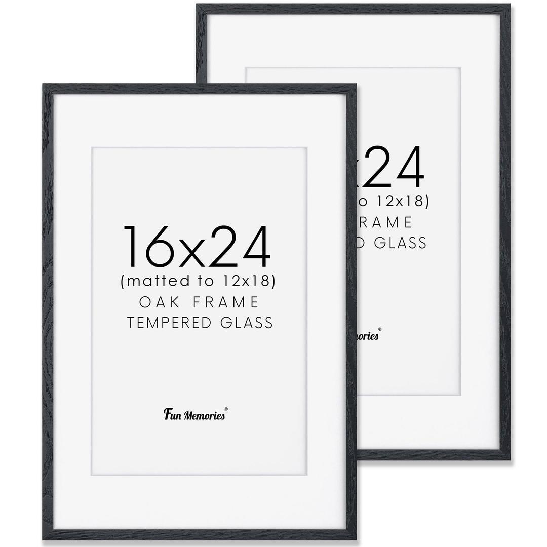 Fun Memories Black 16x24 Picture Frame, Oak Wood 16 x 24 Poster Frames Set of 2, Rustic 16 by 24 Frame for Wall, 16x24 Frame with Mat for 12x18, Tempered Real Glass