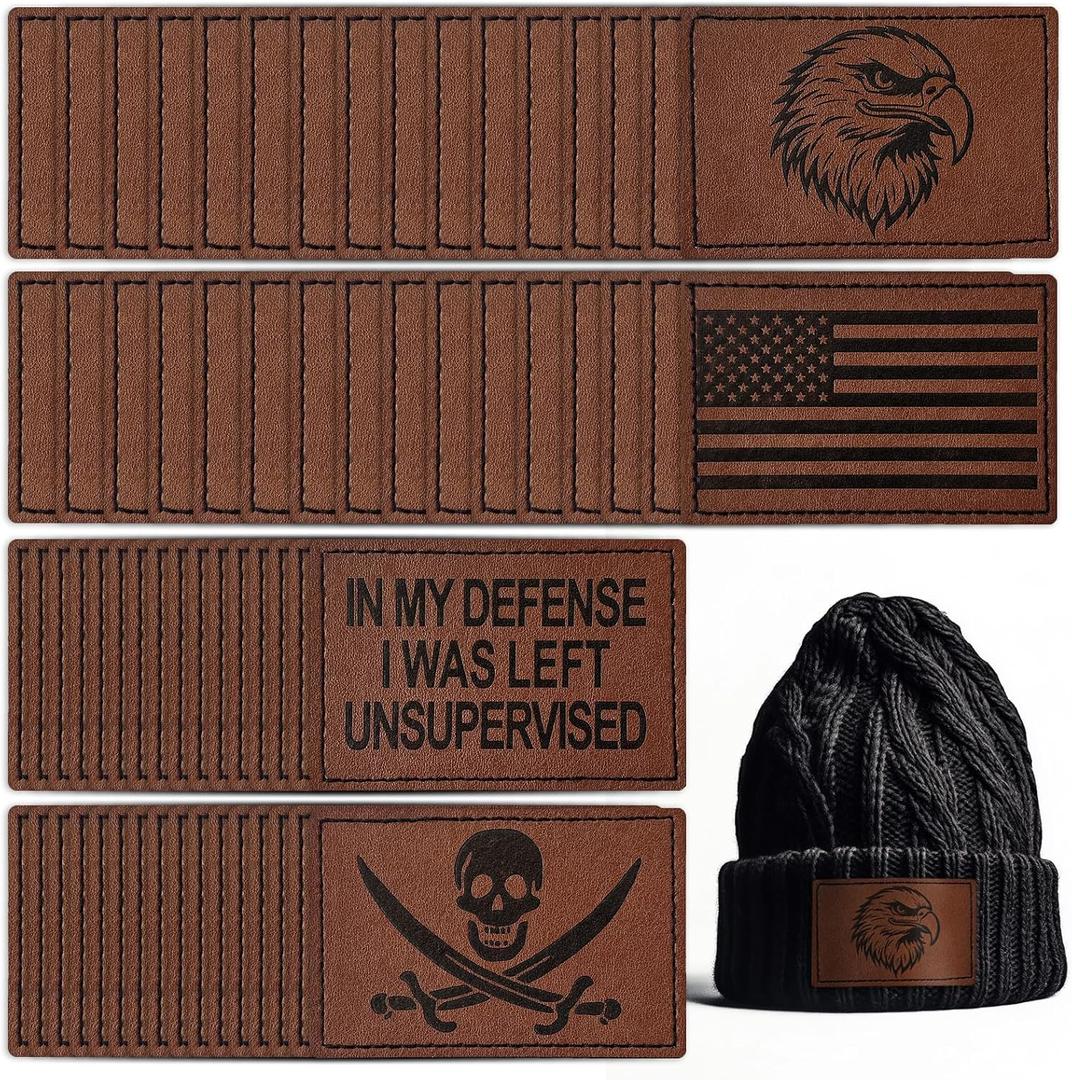 Harsgs 64PCS Blank Leatherette Hat Patches, Retangle Laserable Rustic Leatherette Patch with Adhesive for Heat Press/Transfer Iron-on, Retangle Deep Brown