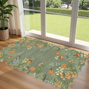 Sage Green Floral Entry Rug - 3x5 Ft Washable Indoor Outdoor Mats for Front Door Non-Slip Porch Rug Non-Slip Boho Throw Rugs for Living Room Bedroom Entryway Kitchen Office Porch Decor