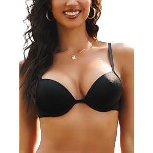 IHOIU Push Up Bra Deep Plunge Thick Padded Add Cup Smooth T Shirt Bras Underwire Demi Low Cut Molded Bralette(Pure Black, 34D)