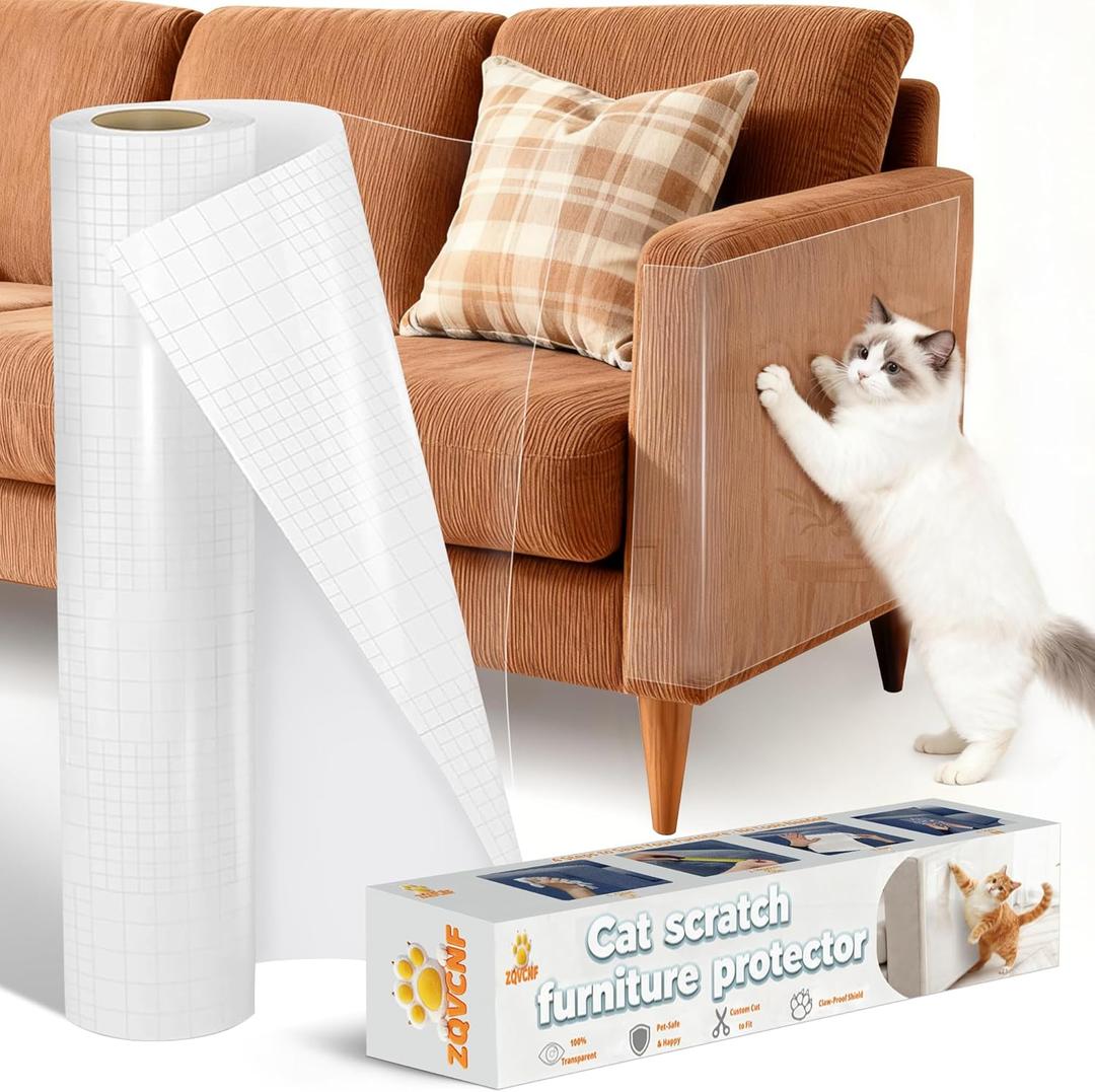 Extra Thick Clear Anti Cat Scratch Furniture Protector 17" x 197"ZQVCNF Self-Adhesive Couch & Door Tape from Cat Claws - Covers Walls, Bed Corners | Stops Cat & Dog Scratching Damage