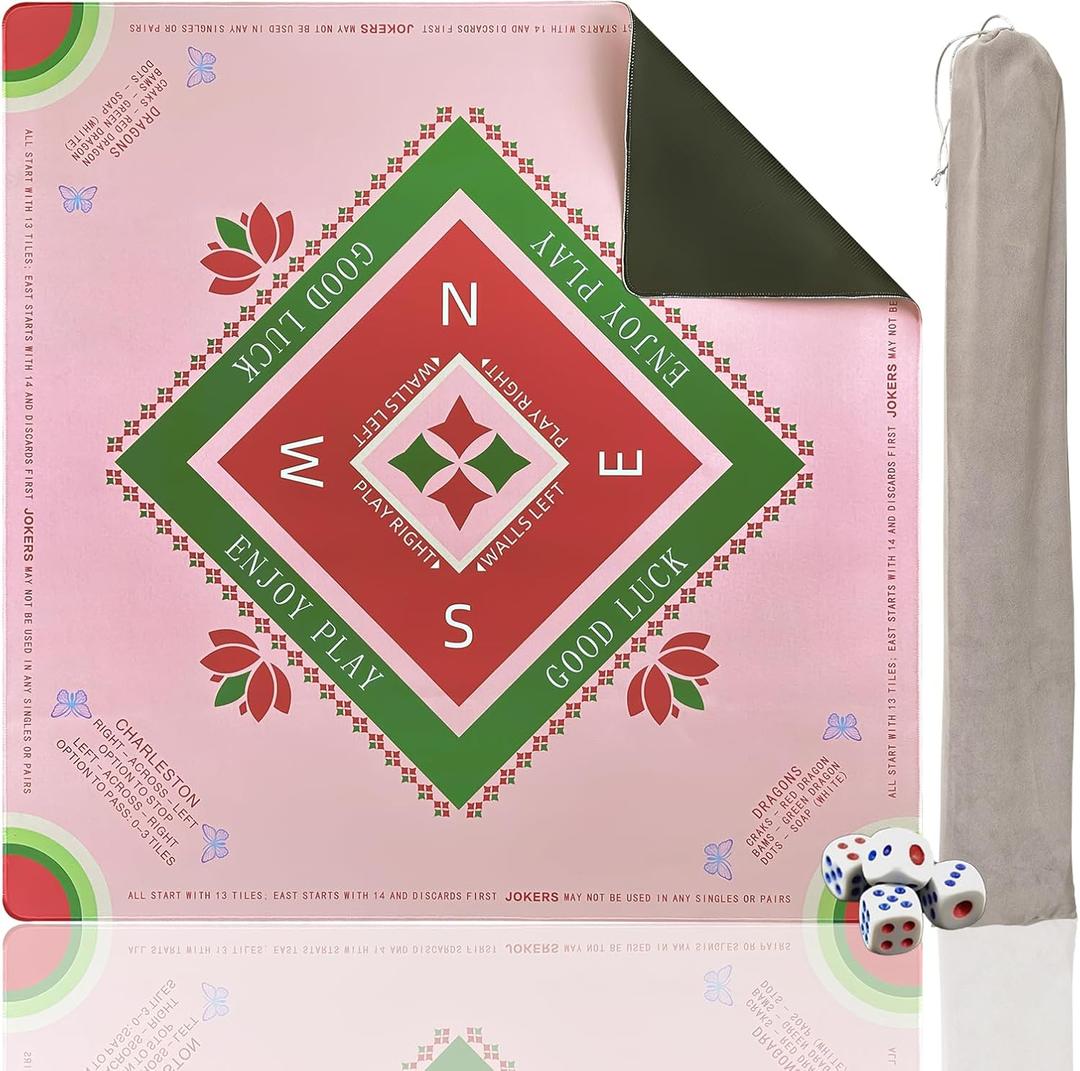 Mahjong Learning Mat with Rules 31" x 31", Anti-Slip Noise-Reducing American Mahjong Table Mat & Cover with Grey Carry Bag for Poker, Card, Board & Tile Games