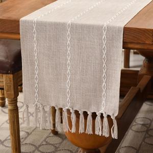 Wracra Rustic Linen Table Runner Farmhouse Style Table Runners 36 inches Long Embroidered Fall Table Runner with Hand-Tassels for Party, Dresser and Dining Room Decorations (Light Coffee, 13"36")